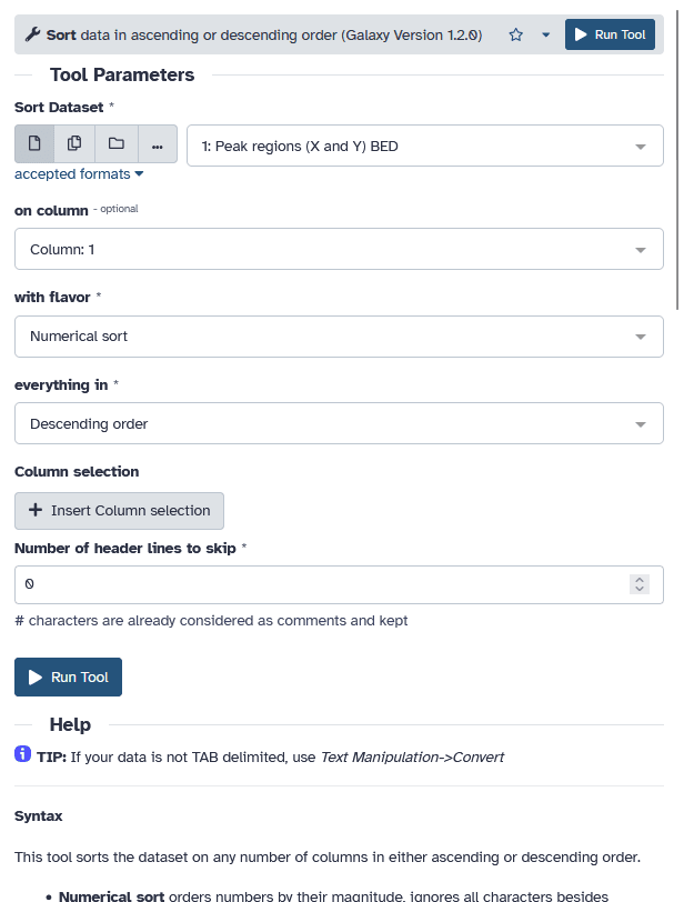 Screenshot of the tool interface for the Sort tool showing some inputs and a Run Tool button.