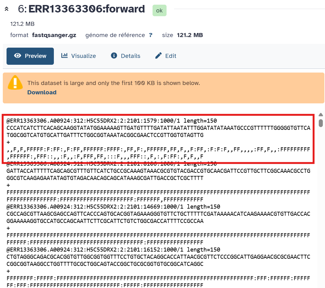 preview of a fastq file showing the 4 line structure described in fig caption. 3 reads are shown.
